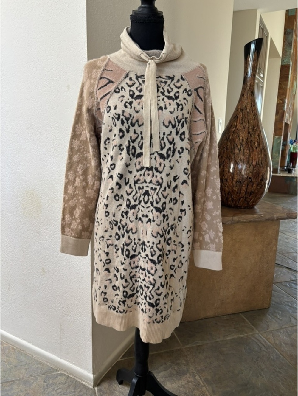 Tribal Leopard Print Drawstring Cowl Neck Sweater Tunic M